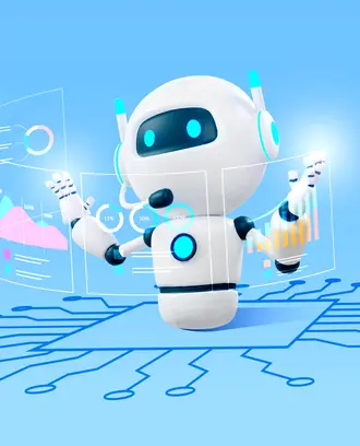 A robot manipulates digital displays of marketing analysis