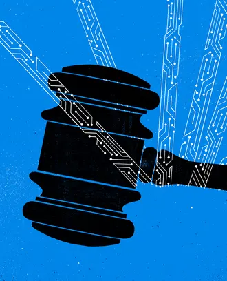 A gavel with lines made of AI network imagery coming out of it
