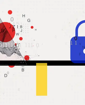 A seesaw with data on one side and a security lock on the other