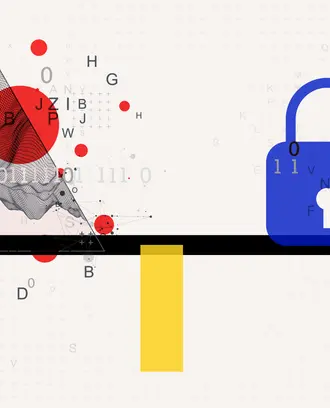 A seesaw with data on one side and a security lock on the other