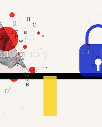 A seesaw with data on one side and a security lock on the other
