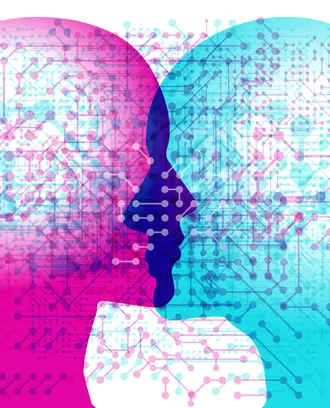  female and male side silhouette positioned back to back overlaid with various semi-transparent computer electronic circuit line and shapes representing a human link to Artificial Computer Intelligence.