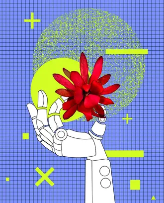 A robot hand holds a flower