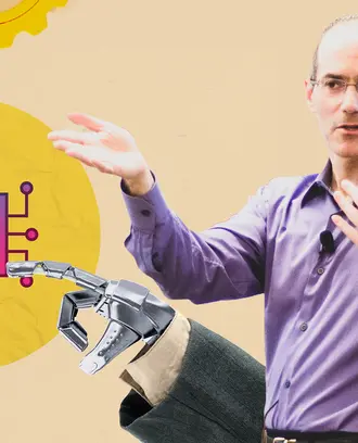 Steven Eppinger and a human and robot hand touching an AI microchip
