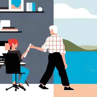 A retiring employee receives paperwork from colleague and heads off into a peaceful ocean landscape