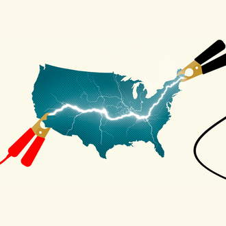 An illustration of jumper cables attached to the United States, signifying a jumpstart to American development.