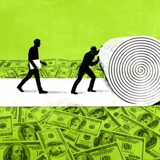 silhouettes of two people roll out a carpet of dollar bills
