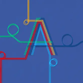 a styled capital A with curlicues of different colors intersecting around it