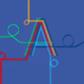 a styled capital A with curlicues of different colors intersecting around it