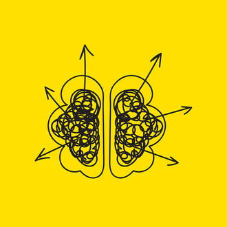 an illustrated brain with arrows pointing out in opposite directions