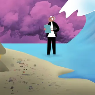 Policymaker holding papers amid a flood, fire, and polluted skyline