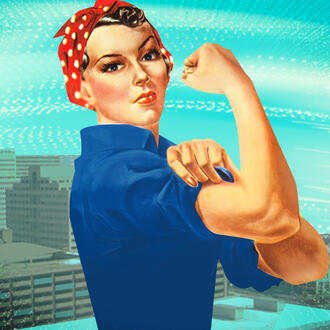 Rosie the Riveter in front of a modern urban office complex