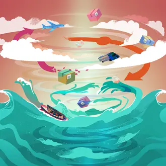 waterspout with vehicles embedded, representing effects of climate change on the supply chain