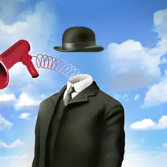 a headless suit and tie with a bowler hat and a megaphone, meant to illustrate an inner critic