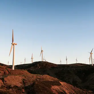 Photo of dozens of wind turbines on rocky landscape.