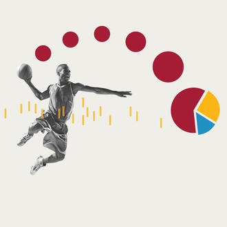 a basketball player dunks a ball that turns into a series of pie charts to represent sports analytics