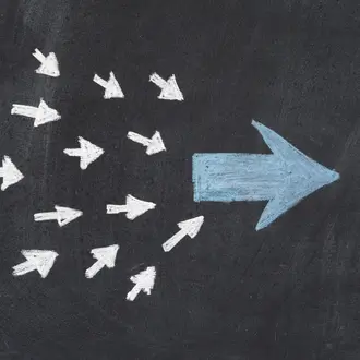 Many white arrows funneling into one large blue arrow to emphasize the ideas and proposal needed to accelerate an end to COVID-19.