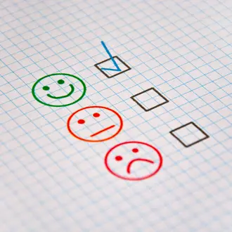Happy, neutral, and sad faces on a piece of paper with checkboxes next to each, representing product rankings and consumer feedback.