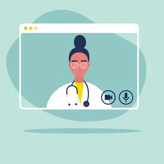 image of a physicial inside a computer screen, meant to represent digital health care