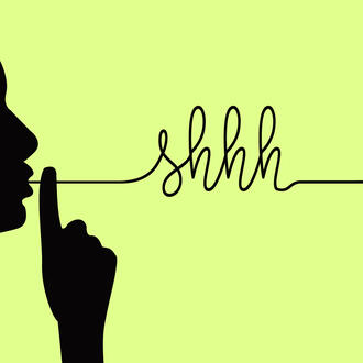 Silhouette of a person's profile making a shush with the words "shhh" spelled out