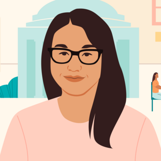 An illustration of MBA student, Josie, wearing a pink shirt. 