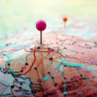 3D map with pins stuck in various locations