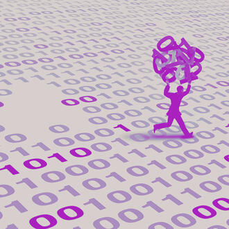 Illustration of a person carrying off a chunk of binary code leaving a hole in a sea of code