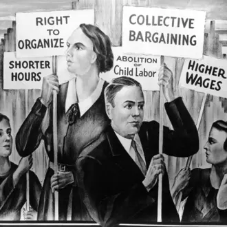 Union organizing poster. Mural of workers holding placards