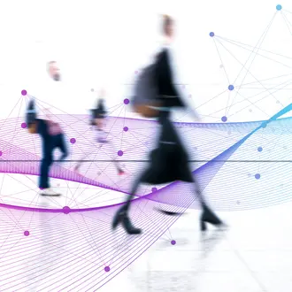 Motion blurred crowd of people juxtaposed with digital algorithmic graphics