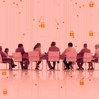Boardroom members sitting amongst a digital cybersecurity backdrop