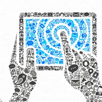 A collage of two hands interacting with a touchscreen tablet.