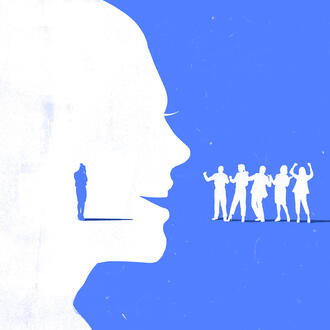 A small silhouette of a person looking down and dejected inside of a larger silhouette of the person in lively conversation with a group of people that are cheering her on.
