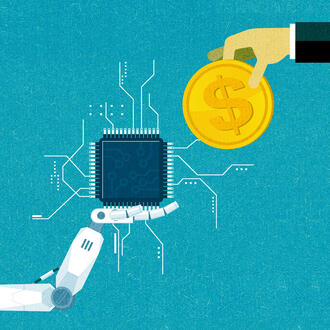 A robot holds a microchip and a hand hold a gold coin