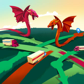 An illustration of cargo trucks en route with danger present in the form of dragons