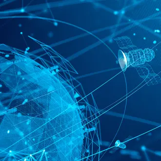 Blue graphic of globe and satellite with lines around them