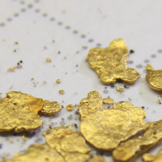 Gold flakes scattered across grid paper.