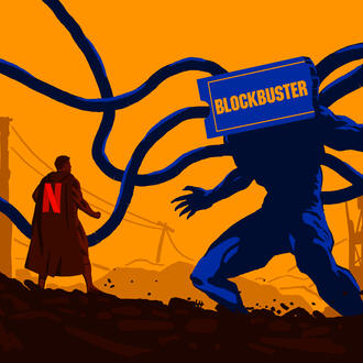 A giant with a Blockbuster ticket logo for its face fights a superhero with a netflix logo on its cape