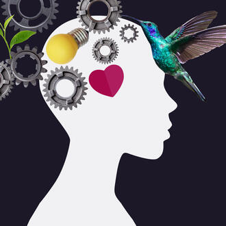 A person's profile in silhouette with many gears, a lightbulb, heart, and hummingbird juxtaposed on top