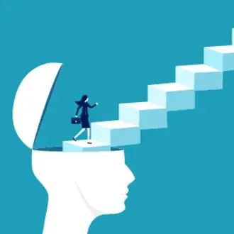 Woman in business suit climbs ladder of success.