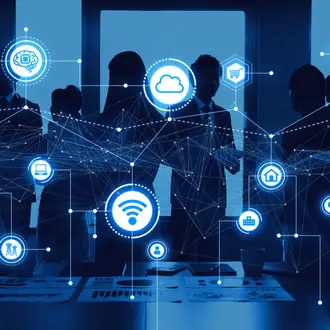 Office workers with digital icon overlay