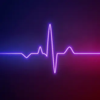 Stylized blue, purple, and red ECG reading on black background