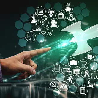 Graphic of hand pointing at launching rocket