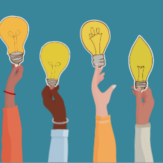 Illustration with the arms of diverse people holding up lightbulbs.