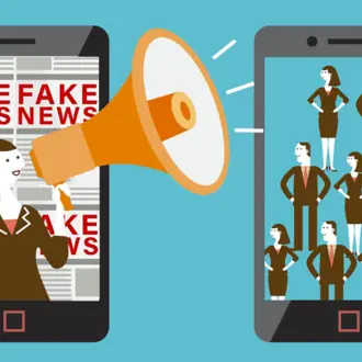 Graphic image of cellphone with bullhorn announcing "Fake News."