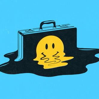 A briefcase with a happy face on it appear to be melting down