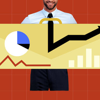 An illustration of a person holding a suitcase that has data analytics graphics on it like a pie chart, bar chart, line chart, etc.