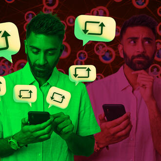 A man is shown in green, looking at his cellphone, with ‘retweet’ icons in speech balloons emanating from his phone. Behind him, the same man is shown in red, but in contemplation. The background pattern depicts a social network.