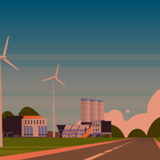 Graphic depicting clean energy and clear skies along a suburban road