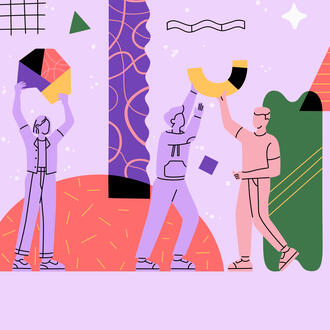 An illustration of a team juggling various geometric shapes.