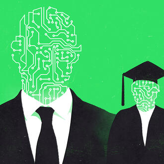 A business person with a face made of circuit board towers over a smaller academic person with a face made of circuit board